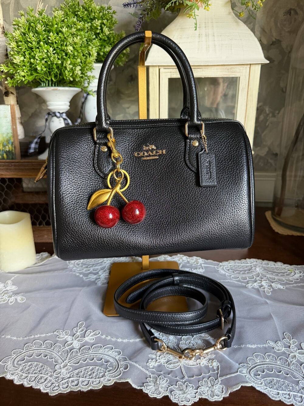 Coach Black Leather ROWAN SATCHEL Handle Crossbody Bag Purse CV962